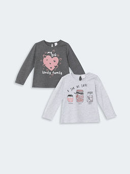 Bisiklet Yaka Uzun Kollu Bask?l? K?z Bebek Ti??rt 2li