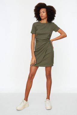 Haki Baglama Detayl? Bisiklet Yaka Triko Gorunumlu Mini Orme Elbise TWOSS22EL0751