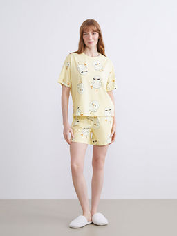 Bisiklet Yaka Bask?l? Kad?n ?ortlu Pijama Tak?m?