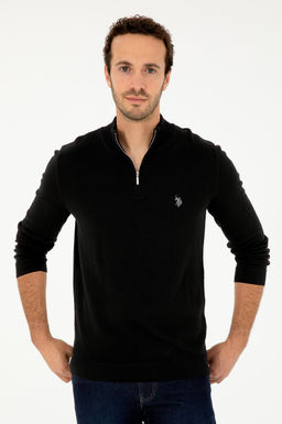 Erkek Slim Fit Yar_m Fermuarl_ Siyah Basic Kazak