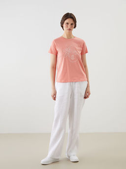 Bisiklet Yaka Bask?l? Penye Kad?n Ti??rt