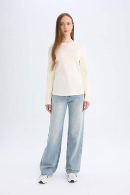 Туника-футболка с длинными рукавами и длинными рукавами в рубчик обычного кроя - Defacto фото 2