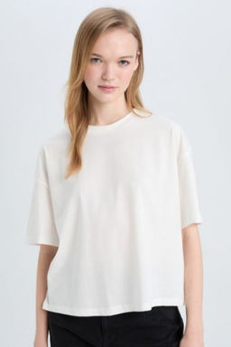 Coool Loose Fit Bisiklet Yaka Basic Duz Kal?n Kumas K?sa Kollu Tisort
