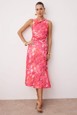 Pembe-Cok Renkli Soyut Saten Midi Astars?z Elbise TPRSS25EL00330