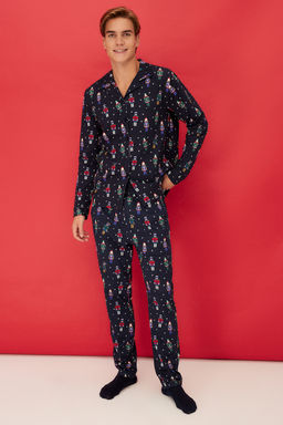 TRENDYOL MAN Lacivert Y?lbas? Temal? Gomlek Yaka Regular fit Orme %100 Pamuk Pijama Tak?m? TMNAW24PT00048 - Trendyolmilla фото 2