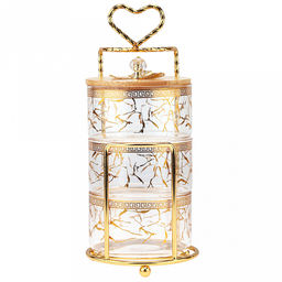 Блюдо-этажерка (конфетница, набор для холодца) стеклянное3-х секционное, 1 секция - 500мл д10,9см h6,3см, прозрачное стекло с деколью, одна бамбуковая крышка, ручка-кнопка "кристалл" с металлическим декором, металлическая подставка с ручкой, на ножка