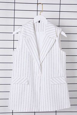 Trendyolmilla Beyaz Oversize Ceket Yaka Uzun Cizgili Dokuma Yelek TWOSS25YE00027  фото 6