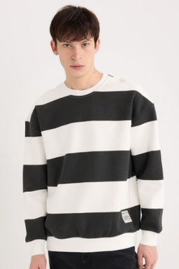 Boxy Fit Bisiklet Yaka Cizgili Dokuma Etiketli Sweatshirt