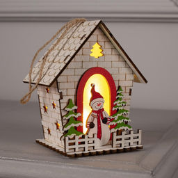 Ёлочная игрушка Домик со снеговиком, 12 см, 1 LED, от батареек, свечение тёплое белое - Luazon lighting фото 2