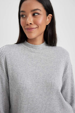 Ребристая футболка с длинными рукавами и круглым вырезом Relax Fit - Defacto фото 9