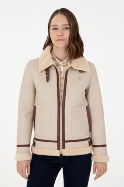 Женская кожаная куртка цвета экрю - U.s. polo assn фото 3