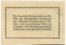 20 геллеров 1920 года Австрия Родаун (нотгельд)