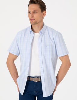 A__k Mavi Regular Fit Kareli K_sa Kollu G_mlek