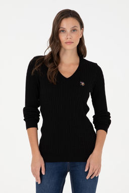 Женский черный базовый свитер с v-образным вырезом Неожиданная скидка в корзине