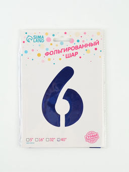 Цена за 2 шт. Воздушный шар фольгированный 40" «Цифра 6», темно-синий