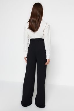Siyah Kemerli Wideleg/Genis Paca Yuksek Bel Smart Krep Kumas Orme Pantolon TWOSS23PL00330