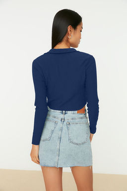 Gri Dugmeli Fitted/Vucuda Oturan Polo Yaka Burumcuk/Dokulu Crop Orme Bluz TWOAW22BZ0241 - Trendyolmilla фото 14