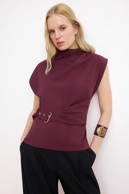 Bordo Duz Fitted Bisiklet Yaka Kolsuz Kemerli Scuba Krep Orme Bluz TWOSS26BZ00145