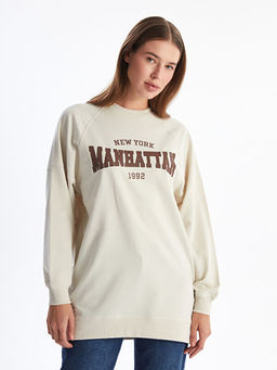 Bisiklet Yaka Bask?l? Oversize Kad?n Sweatshirt Tunik