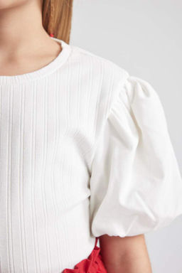 Белая футболка облегающего кроя с круглым вырезом в рубчик и короткими рукавами для девочек - Defacto фото 7
