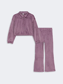 Polo Yaka Kadife K?z ?ocuk Sweatshirt ve Tayt