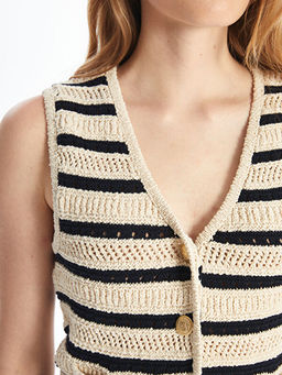 V Yaka ?izgili Kad?n Triko Yelek