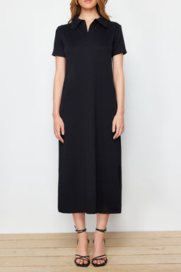 TRENDYOLMILLA Siyah Polo Yaka Shift/Normal Kesim Midi Esnek Orme Elbise TWOSS24EL01012 фото 4