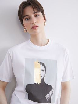 Bisiklet Yaka Bask?l? Oversize Kad?n Ti??rt