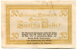 Банкнота 50 геллеров 1920 года Австрия Рансхофен (нотгельд)