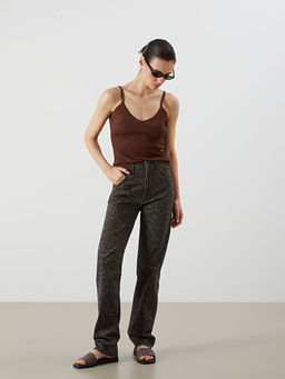 Straight Fit Leopar Desenli Kad?n Jean Pantolon