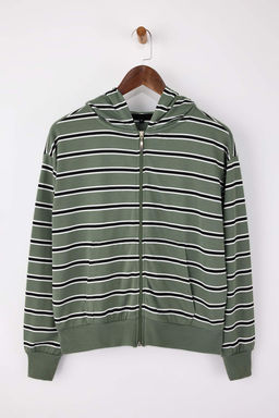 Yesil Cizgili Regular/Normal Kal?p Kapusonlu Fermuarl? Ince Orme Sweatshirt TWOSS26SW00003