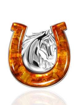 Брошь с символом 2026 года Подкова, украшенная янтарём