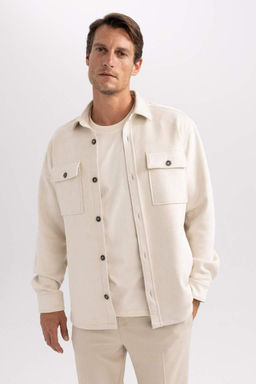 Замшевая куртка-рубашка стандартного кроя с воротником-поло и длинными рукавами - Defacto фото 4