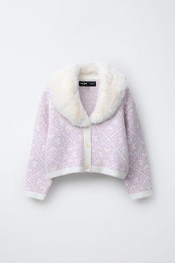 JACQUARD KNIT CARDIGAN WITH REMOVABLE FAUX FUR COLLAR - SKI COLLECTION