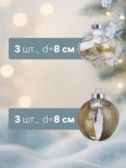 Ёлочные шары новогодние Мелвин, набор 6 шт., d=8 см, прозрачный/бело-золотой - Simaland фото 7
