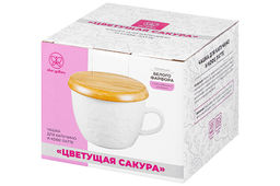 Чашка для капучино и кофе латте 500 мл 15*12,8*8,5 см "Цветущая сакура"+ дерев. подставка