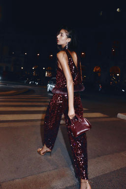 SEQUINNED BARREL TROUSERS