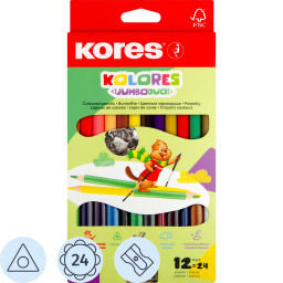 Карандаши цветные двойные 24 цв.,12 шт Kores DUO Jumbo, трехгр,5 мм,93252