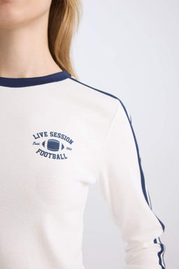 Женская белая классная футболка в рубчик с длинным рукавом с принтом - Defacto фото 5