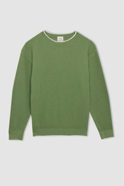 Erkek Cocuk Yesil Bisiklet Yaka %100 Pamuk Basic Duz Triko Kazak