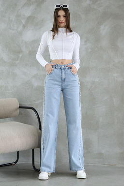 Mavi Puskullu Yuksek Bel Duz Kesim Straight Jeans TWOSS25JE00139 - Trendyolmilla фото 3