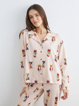 G?mlek Yaka Ay? Teddy Bask?l? Kad?n Pijama Tak?m?