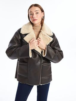 Biker Yaka Kad?n Deri G?r?n?ml? Mont