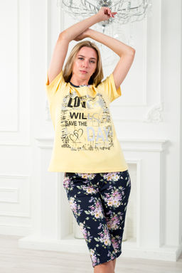 Пижама женская домашний из футболки и бридж Букетик желтый темно-синий с принтом LOVE - Амадэль фото 8