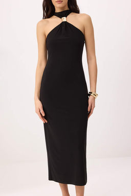 Siyah Bodycon Boyundan Baglamal? Kolsuz Aksesuar Detayl? Midi Esnek Orme Elbise TWOSS26EL00201 - Trendyolmilla фото 3