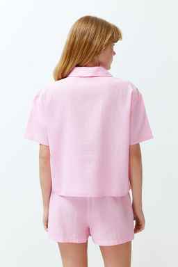 Trendyolmilla Pembe %100 Pamuklu Cep F?rf?r Detayl? Sortlu Dokuma Pijama Tak?m? THMSS24PT00150
