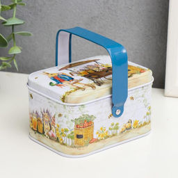 Шкатулка металл с ручкой Крольчата с яйцом 6х10,5х8 см МИКС