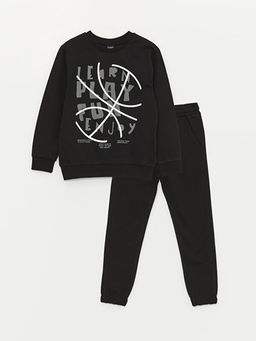 Bisiklet Yaka Bask?l? Uzun Kollu Erkek ?ocuk Sweatshirt ve E?ofman Alt?