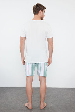 TRENDYOL MAN Mavi Ekru Cizgili Regular Fit Couple/Cift Orme Sortlu %100 Pamuklu Pijama Tak?m? TMNSS24PT00017 - Trendyolmilla фото 5