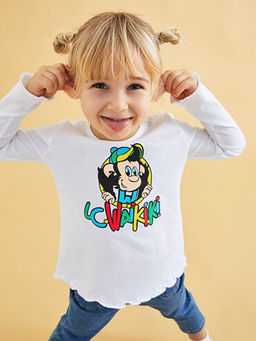 Bisiklet Yaka Uzun Kollu Nostaljik Maymun Bask?l? K?z Bebek Ti??rt - Waikiki фото 3